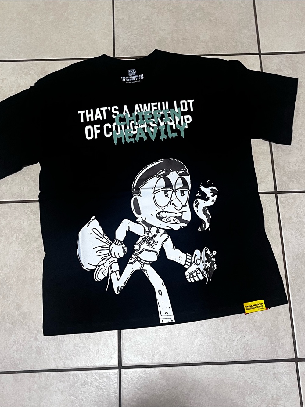 Black Graphic Short Sleeve Tee with Cartoon Heist Print
